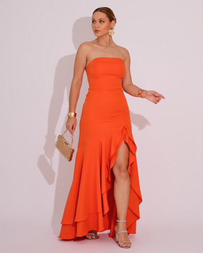 Foto Vestido Longo com Fenda de Babados Alfaiataria Laranja