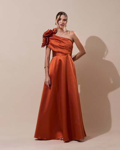 Foto Vestido de Festa Longo Zibeline um Ombro Só Flor Drapeado Terracota