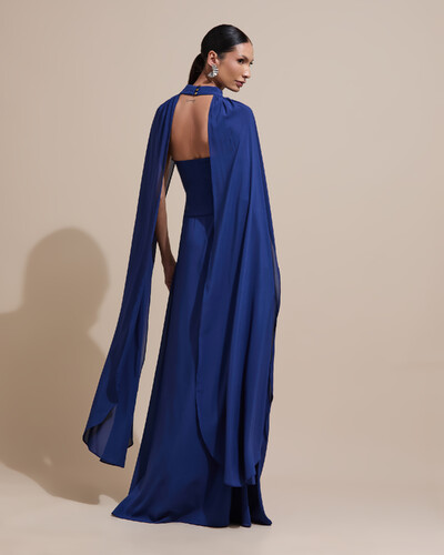 Foto Vestido de Festa Longo Tomara Que Caia Crepe Chiffon Drapeado Capa Azul Marinho