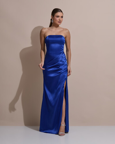 Foto Vestido De Festa Longo Tomara Que Caia Drapeado Cetim Alfaiataria Trançado Costas Azul Royal