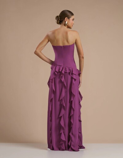 Foto Vestido de festa Longo Tomara que Caia Crepe Chiffon com Bababos Cascata e Fenda Fúcsia Beterraba
