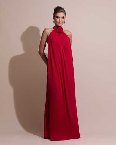Foto Vestido Longo Crepe Chiffon Frente Única Fluido Flor Removível Vermelho