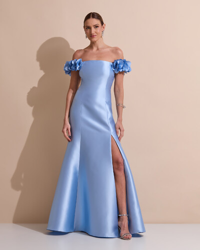 Foto Vestido Longo de Festa Zibeline Ombro a Ombro com Flores e Fenda Serenity New