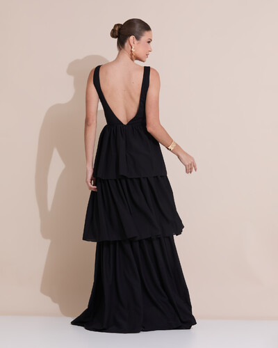 Foto Vestido de Festa Longo Decote V Crepe Chiffon Plissado Camadas Babado Preto