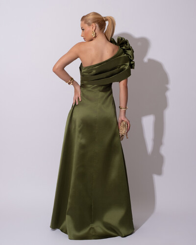 FotoVestido de Festa Longo Zibeline um Ombro Só Flor Drapeado Verde Oliva