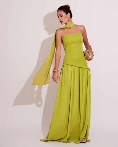 Foto Vestido de Festa Longo Tomara que Caia Alfaiataria e Saia Crepe Chiffon e Lenço Verde Pistache