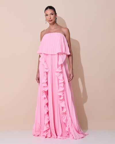 Foto Vestido de Festa Longo Crepe Chiffon Tomara que Caia Plissado com Babado Cascata Rosa Claro