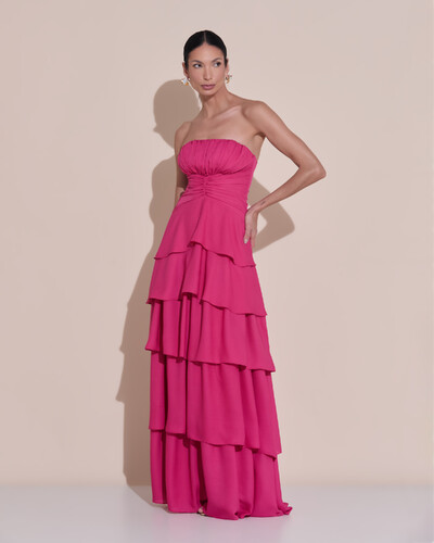 Foto Vestido de Festa Longo Tomara que Caia Drapeado Crepe Chiffon Babados Camadas Pink Escuro