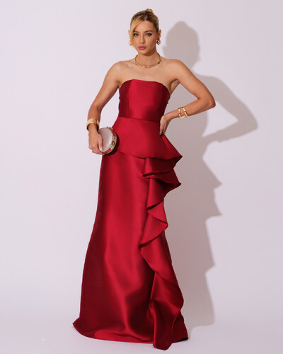 Foto Vestido de Festa Longo Tomara que Caia Babado Cascata Marsala