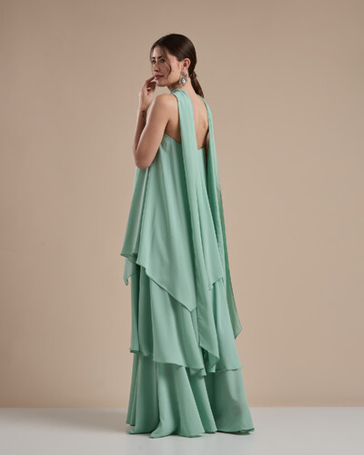 FotoVestido de Festa Longo Chiffon Crepe em Camadas com Lenço Verde Menta