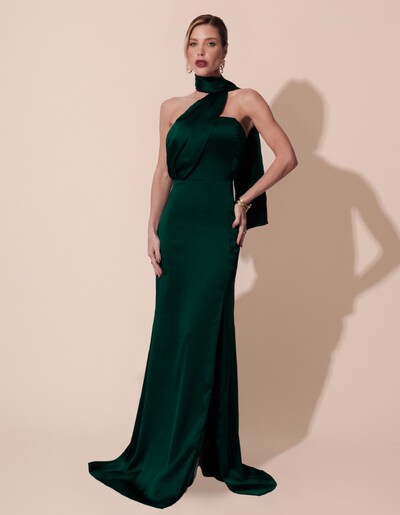 Foto Vestido de Festa Longo Cetim Alfaiataria Tomara que Caia com Faixa Lenço Verde Escuro