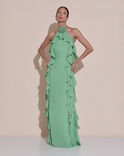 Foto Vestido de Festa Longo Crepe Chiffon Frente Única Babados Cascata e Flor Verde Matcha