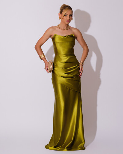 Foto Vestido de Festa longo Cetim Malha Metálico Tomara que Caia Detalhe Drapeado Verde Oliva