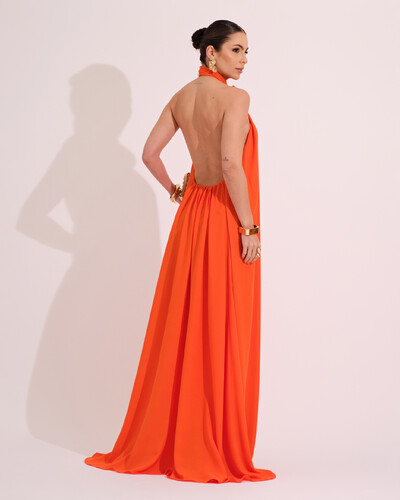 FotoVestido Longo Crepe Chiffon Frente Única Fluido Flor Removível Laranja