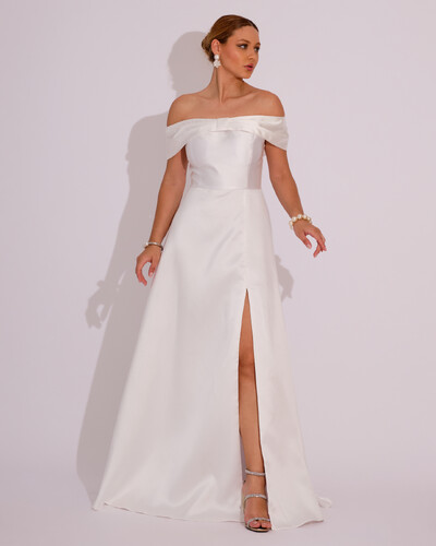Foto Vestido de Festa Longo Ombro a Ombro Laço Zibeline com Fenda Branco