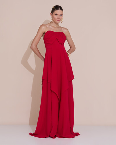 Foto Vestido de Festa Longo Tomara que Caia Crepe Chiffon Drapeado Camadas Vermelho