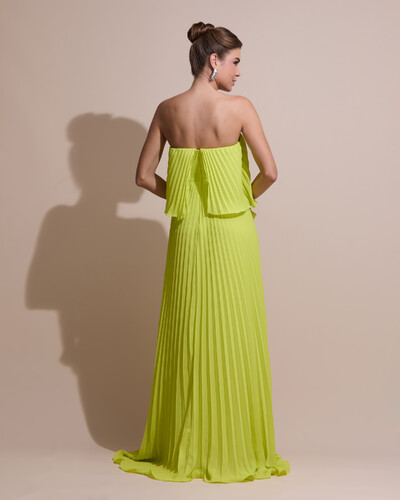 FotoVestido de Festa Longo Crepe Chiffon Tomara que Caia Plissado com Babado Cascata Verde Lima