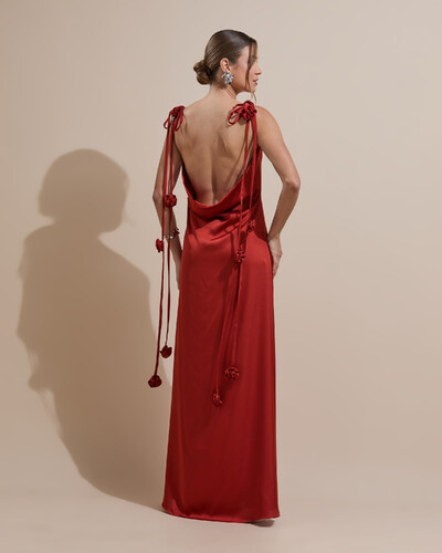 FotoVestido de Festa Longo Decote Degagê Costas Cetim Flores 3D Alças Terracota
