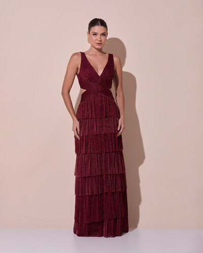 Foto Vestido De Festa Longo Decote V Tule Brilho Recortes Camadas Marsala
