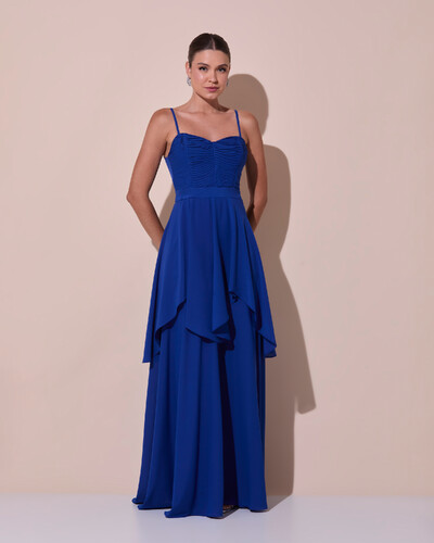 Foto Vestido de Festa Longo Decote Coração Plissado Crepe Chiffon Babados Cascata Azul Royal