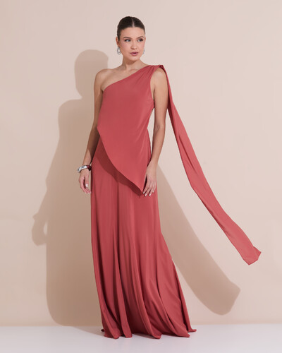 Foto Vestido de Festa Longo Um Ombro Só Crepe Chiffon Lenço Terracota