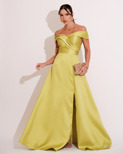 Foto Vestido de Festa Longo Zibeline Ombro a Ombro com Fenda Verde Lima