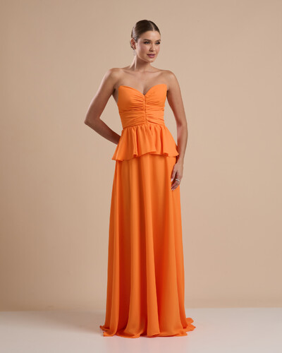 Foto Vestido de Festa Longo Crepe Chiffon Tomara que Caia Peplum Drapeado Laranja