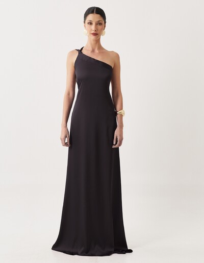 Foto Vestido de Festa Longo Cetim Fluido Um Ombro Só Amarração Costas Preto