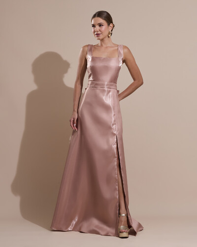 Foto Vestido de Festa Longo Zibeline Cristal com Fenda e Faixa Mocha Mousse