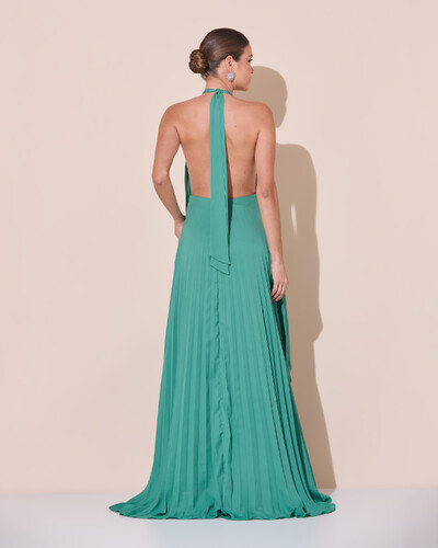 Foto Vestidos de Festa Longo Chiffon Fluido Frente Única Plissado Duplo Verde Matcha Escuro