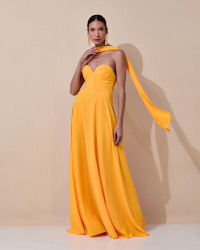Foto Vestido de Festa Longo Tomara que Caia Crepe Chiffon Decote Coração Lenço Laranja Manga New