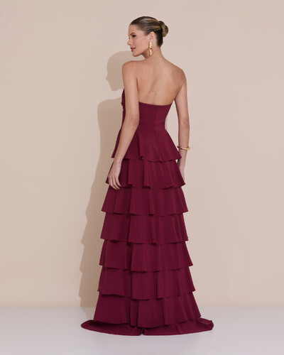 Foto Vestido de Festa Longo Crepe Chiffon Tomara que Caia Plissado Flor Camadas Marsala New