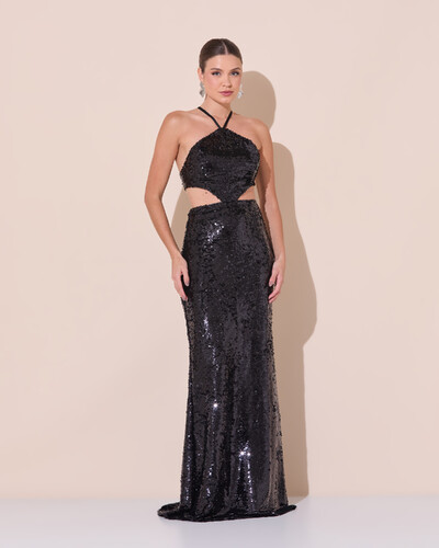 Foto Vestido de Festa Longo Frente Única Paetê Recortes Costas Trançada Preto