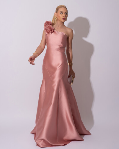 Foto Vestido de Festa Longo Zibeline um Ombro Só Flor Removível Saia Sereia Rose