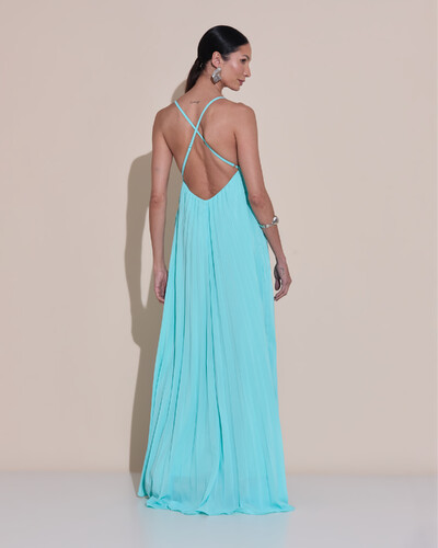 Foto Vestido de Festa Longo Plissado Crepe Chiffon Decote V Alças Finas Tiffany