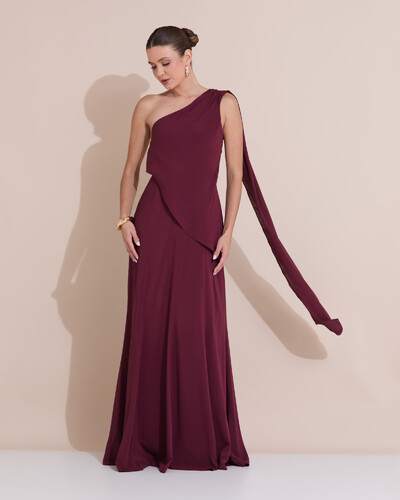 Foto Vestido de Festa Longo Um Ombro Só Crepe Chiffon Lenço Marsala