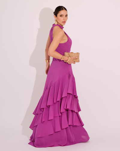 FotoVestido de Festa Longo Decote Halter com Babados Fúcsia