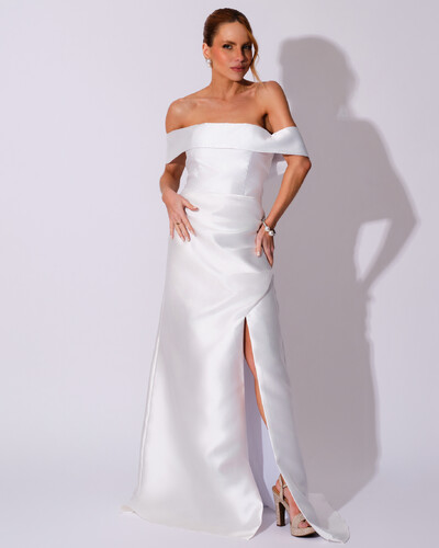 Foto Vestido de Festa Longo Zibeline Ombro a Ombro Drapeado e Fenda Branco