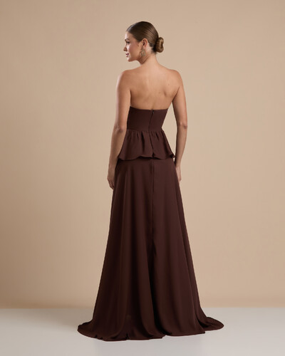 FotoVestido de Festa Longo Crepe Chiffon Tomara que Caia Peplum Drapeado Marrom