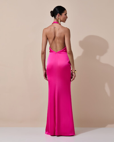 Foto Vestido de Festa Longo Frente Única Decote V Cetim Drapeado Faixa Pink