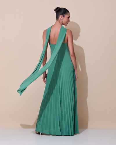 Foto Vestido de Festa Longo Plissado Crepe Chiffon com Alça e Lenço Verde Matcha Escuro
