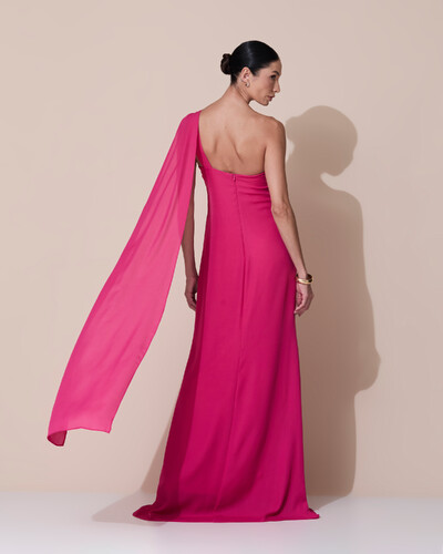 Foto Vestido de Festa Longo Crepe Chiffon Um Ombro Só Drapeado Pink Escuro