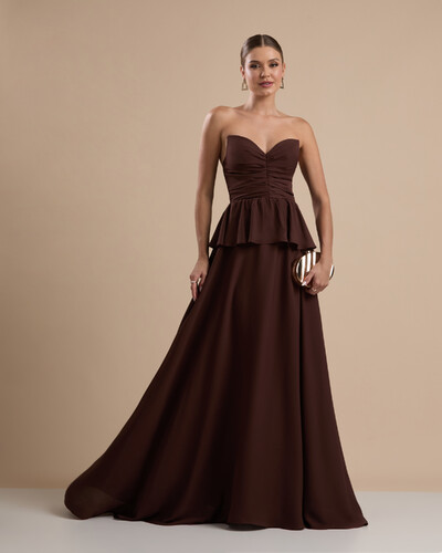 Foto Vestido de Festa Longo Crepe Chiffon Tomara que Caia Peplum Drapeado Marrom