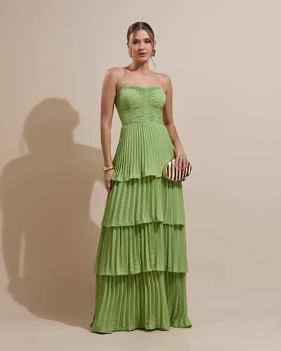 Foto Vestido de Festa Longo Tomara que Caia Crepe Chiffon Plissado Camadas Verde Garden