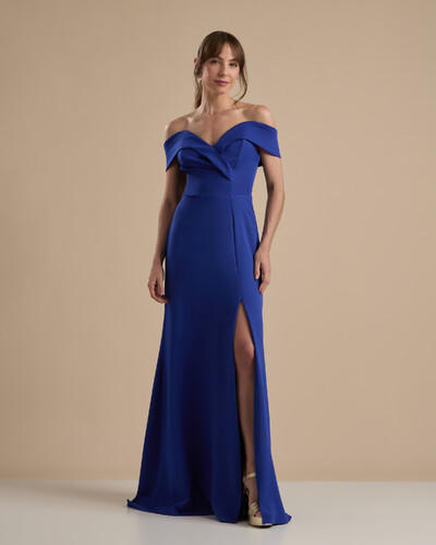 Foto Vestido de Festa Longo Alfaiataria Ombro a Ombro com Fenda Azul Royal