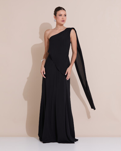 Foto Vestido de Festa Longo Um Ombro Só Crepe Chiffon Lenço Preto