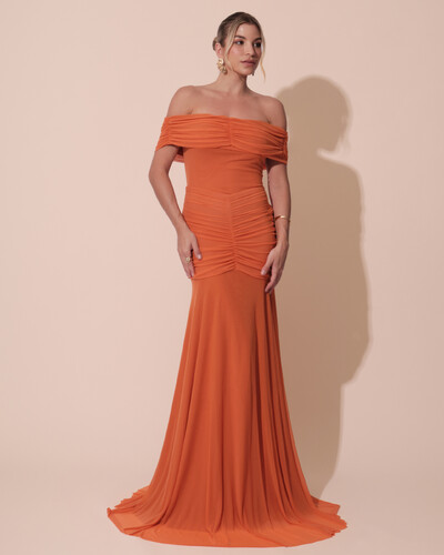 Foto Vestido de Festa Longo Tule Ombro a Ombro Drapeado com Saia Fluida Laranja