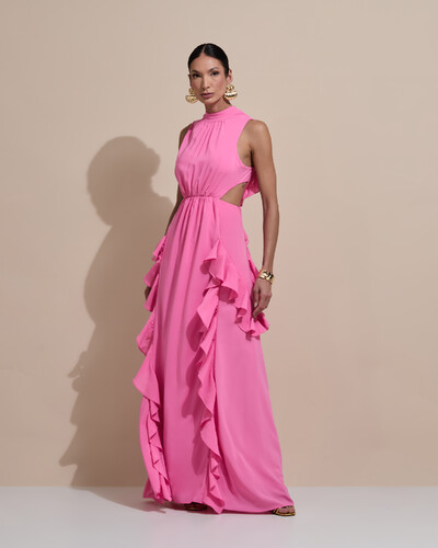 Foto Vestido de Festa Longo Gola Alta Crepe Chiffon Recortes Babados Cascata Rosa