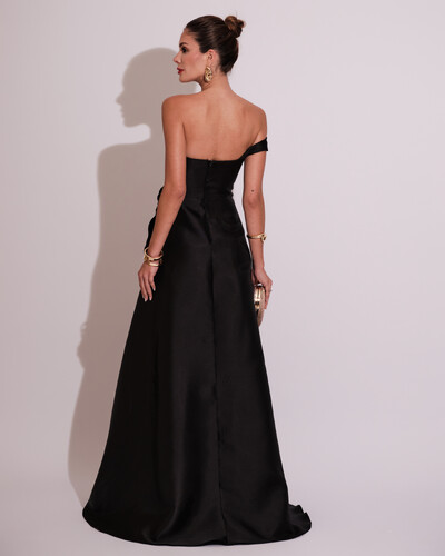 FotoVestido de Festa Longo Zibeline um Ombro Só Mullet Preto