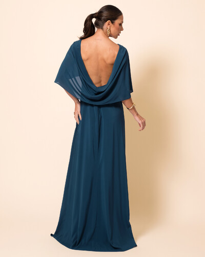FotoVestido de Festa Longo Crepe Chiffon com Capa e Degagê nas Costas Verde Escuro